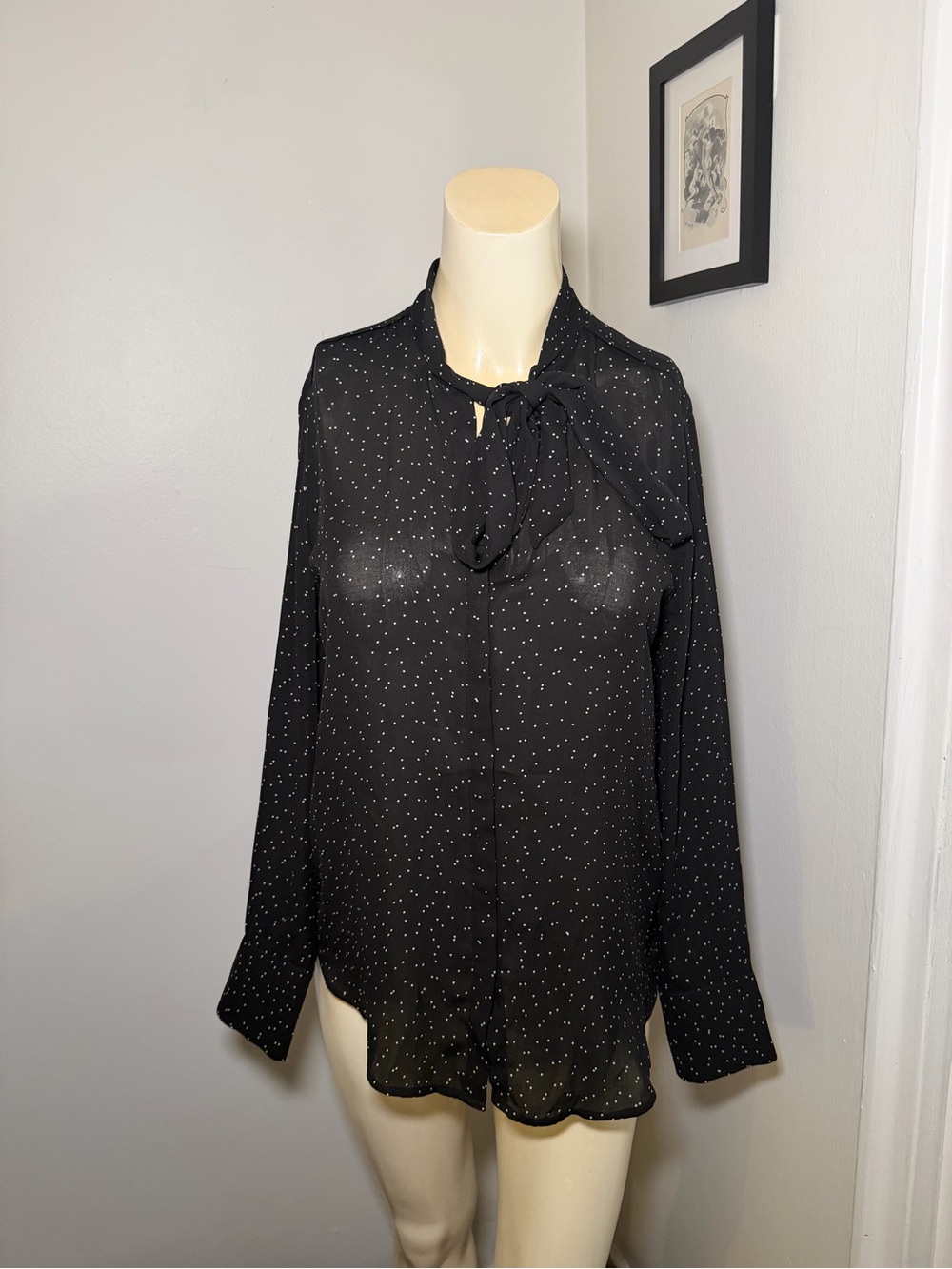 Banana Republic Size Small Women’s Black White Polka Dot Tie Neck Blouse Top
